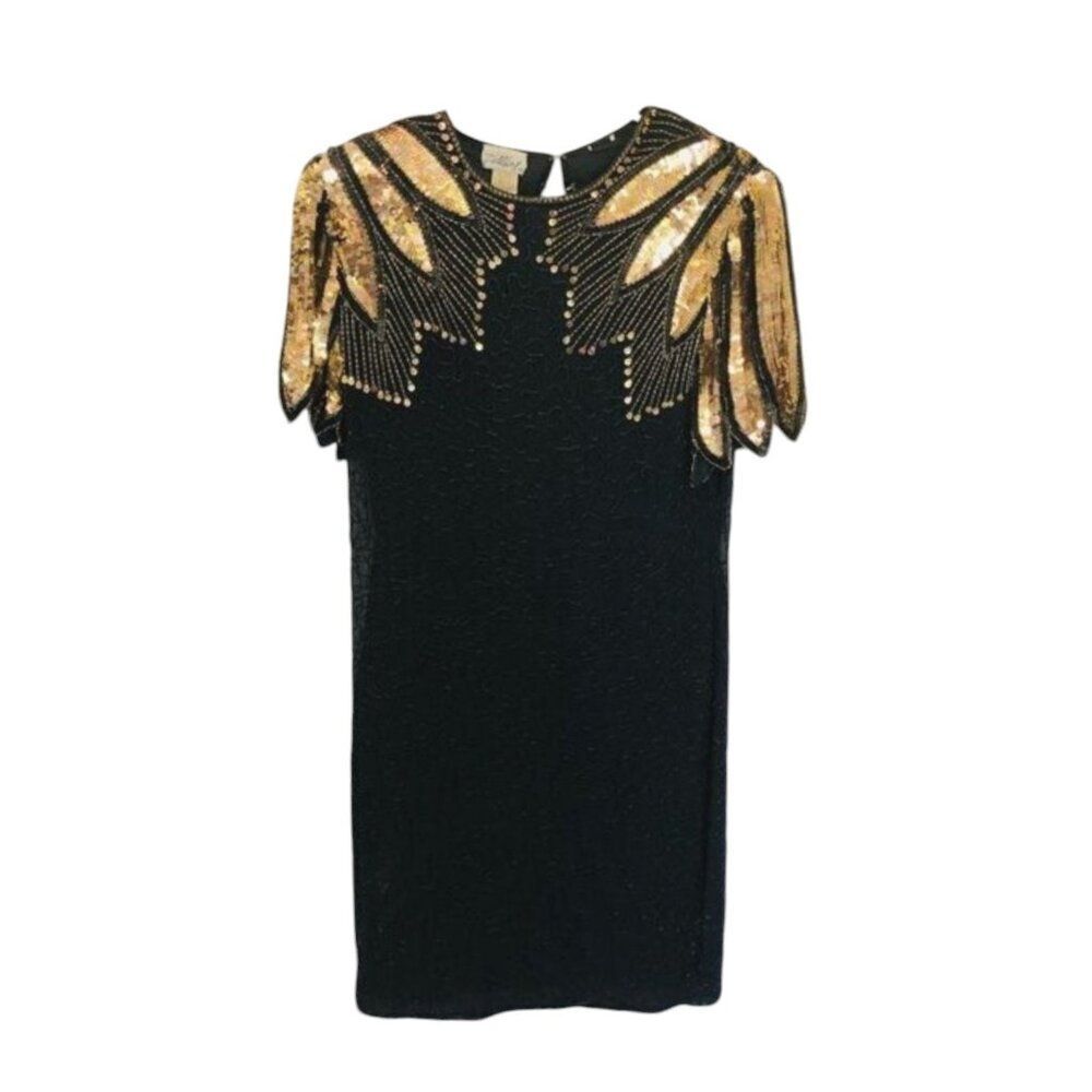 Vintage 90s D'Albert Silk Beaded Sequin Dress 10 M Cocktail Party LBD Mob Wife - Picture 6 of 14